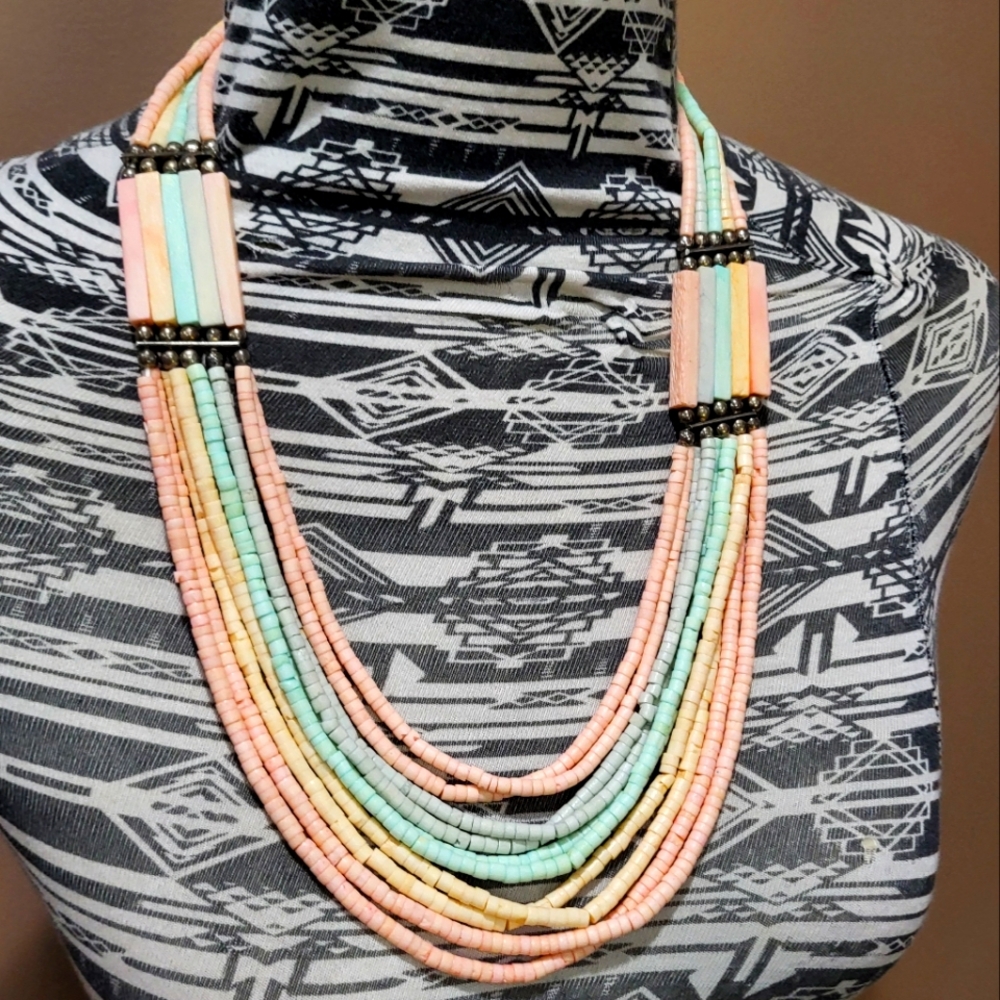 Vintage pastel rainbow shell and bone multistrand necklace